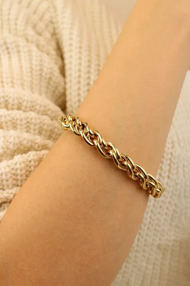 Knit Detailed Hallow Bracelet 14 Carat Gold Bracelet 22 cm 20.35 grams