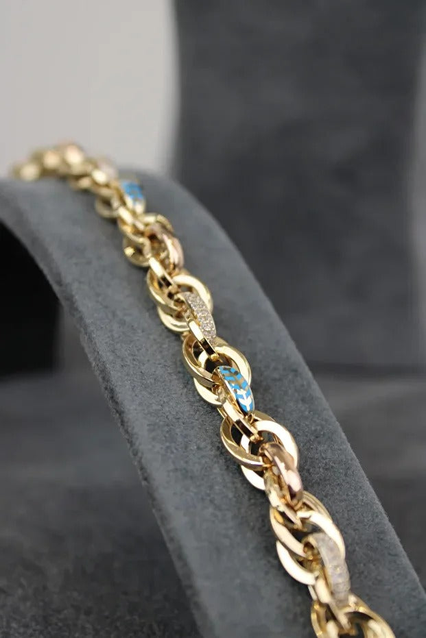 Enamel Detailed Hallow Bracelet 14 Carat Gold Bracelet 19.5 cm 13.54 grams