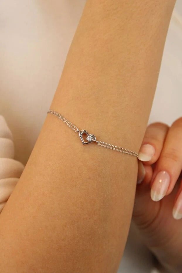 14 Carat Gold Heart Detailed Double Chain Bracelet