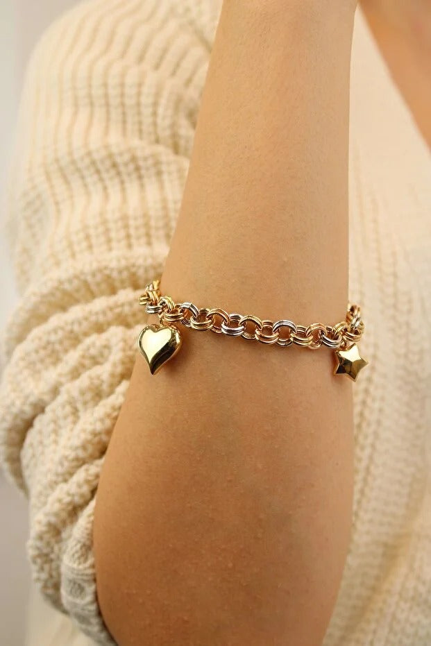 3 Renk Doch Şans Bilekliği 14 Ayar Altın Bileklik 19 Cm