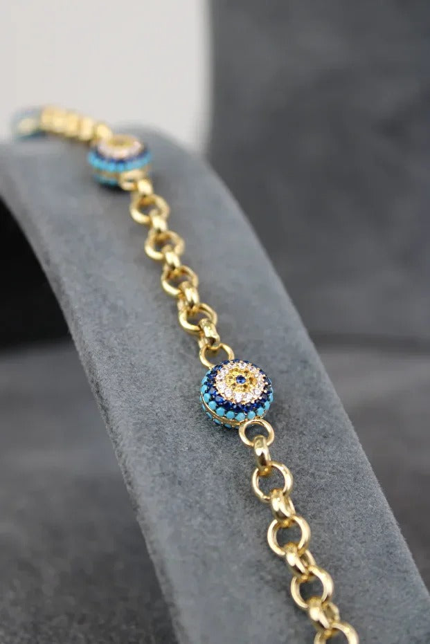 Evil Eye Beaded Doch Gold Bracelet 14 Carat Gold Bracelet 20 cm