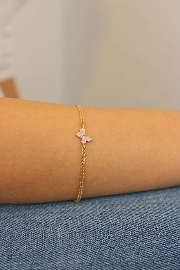 14 Carat Gold Pink Enamel Butterfly Bracelet