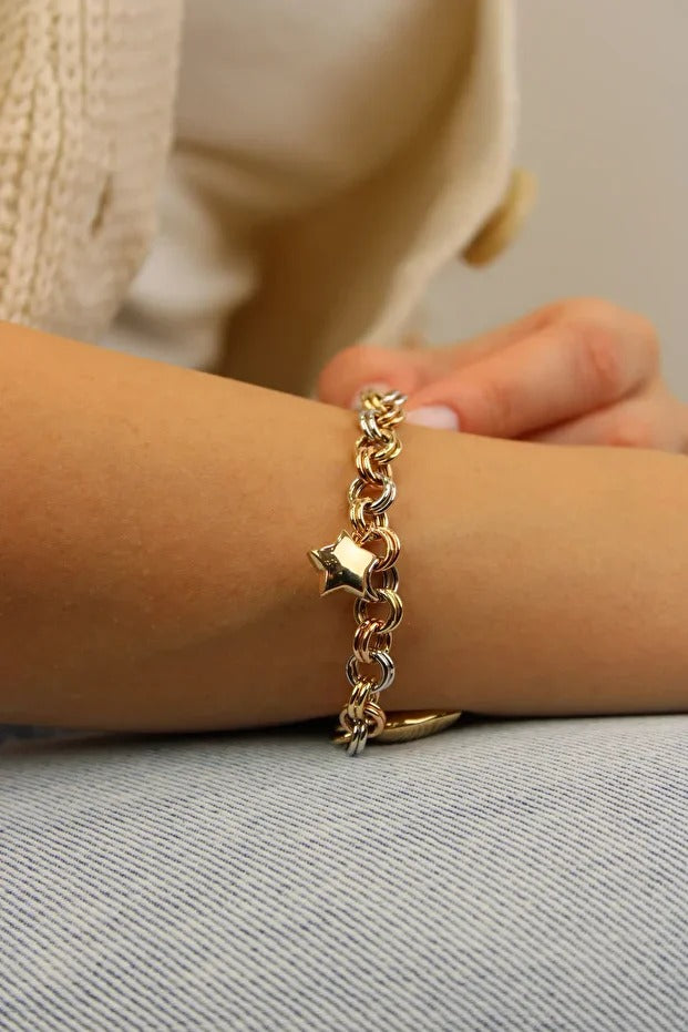 3 Renk Doch Şans Bilekliği 14 Ayar Altın Bileklik 19 Cm