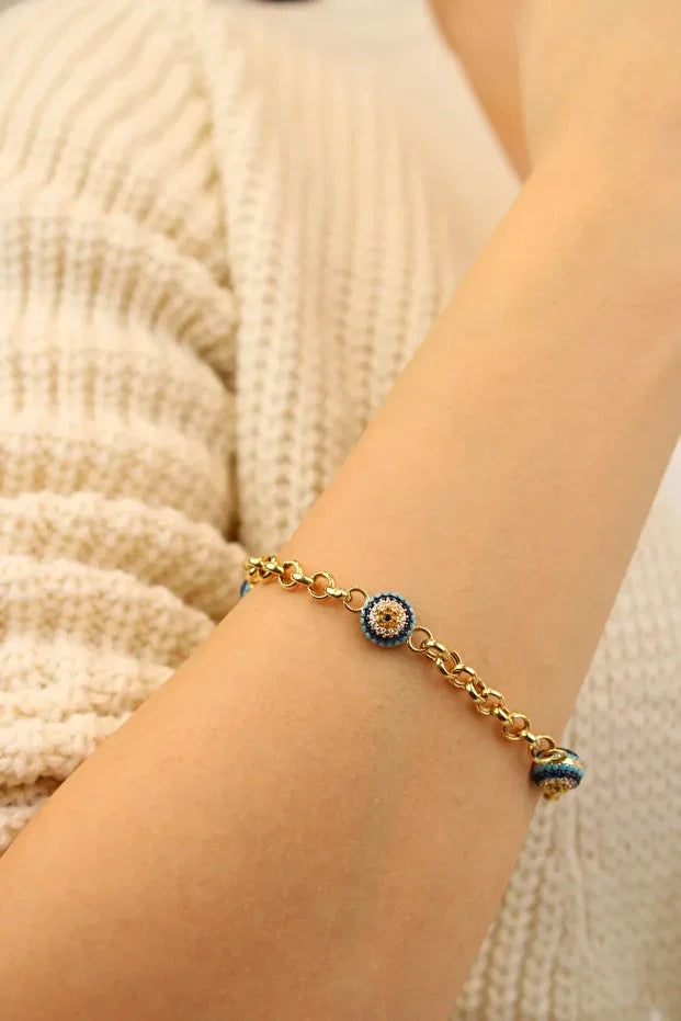 Evil Eye Beaded Doch Gold Bracelet 14 Carat Gold Bracelet 20 cm