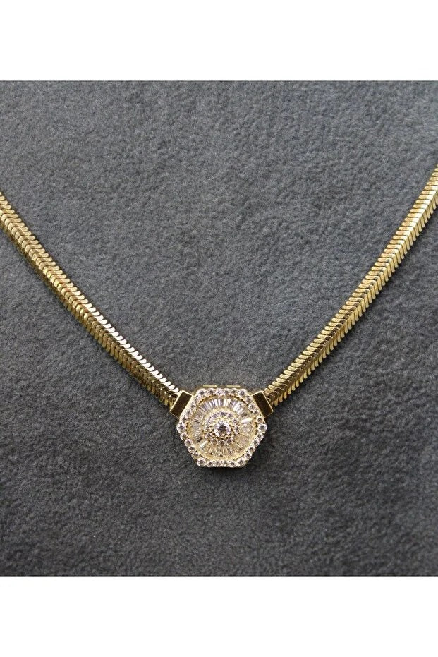 14 Carat Gold Herringbone Baguette Chain Necklace