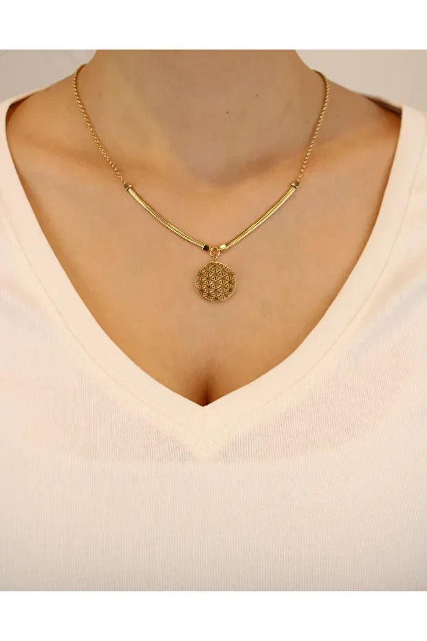 14 Carat Gold Flower of Life Necklace Herringbone Chain