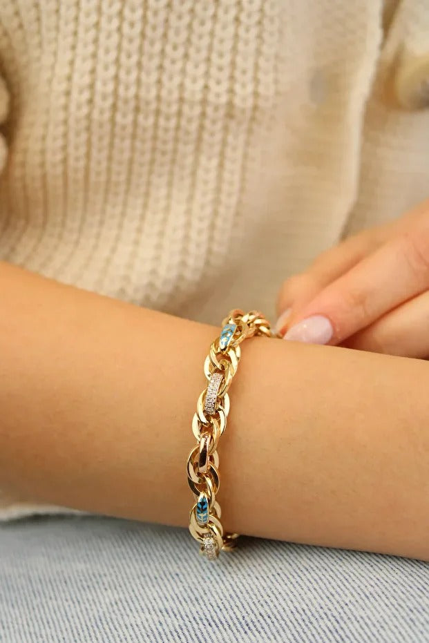 Enamel Detailed Hallow Bracelet 14 Carat Gold Bracelet 19.5 cm 13.54 grams