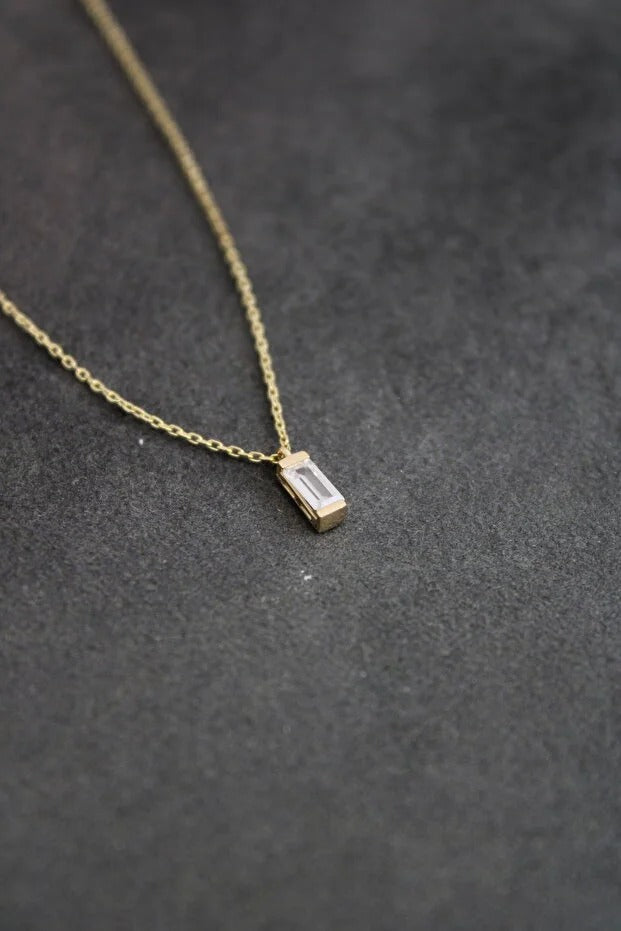14 Carat Gold Baguette Cut Minimal Necklace