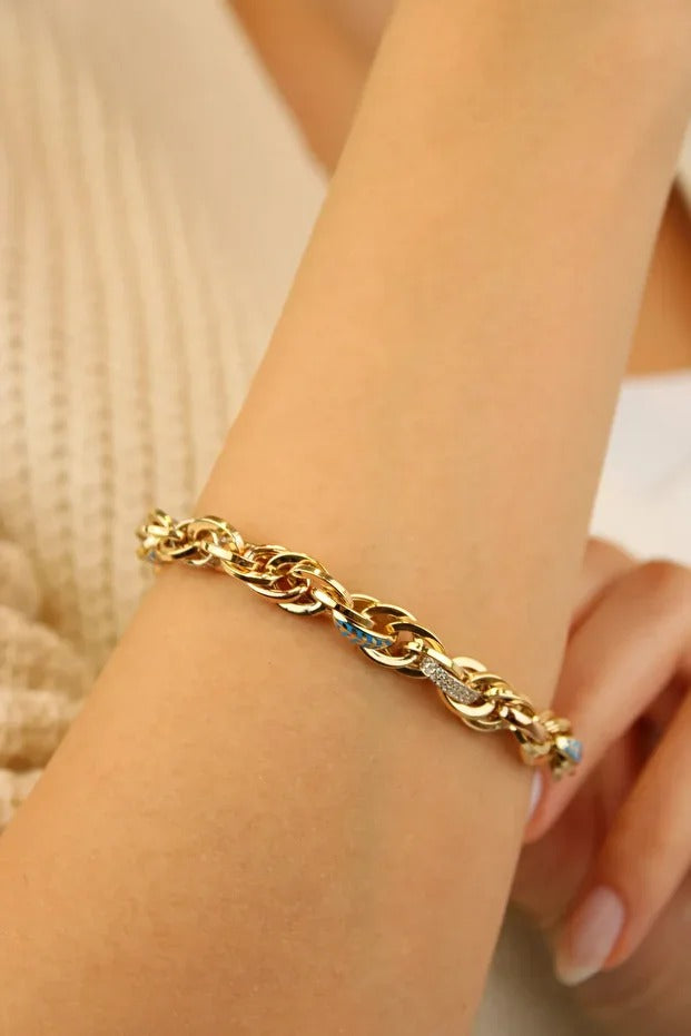 Enamel Detailed Hallow Bracelet 14 Carat Gold Bracelet 19.5 cm 13.54 grams