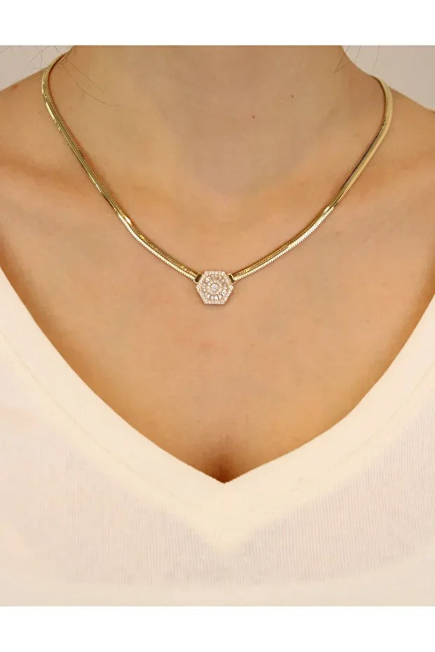 14 Carat Gold Herringbone Baguette Chain Necklace