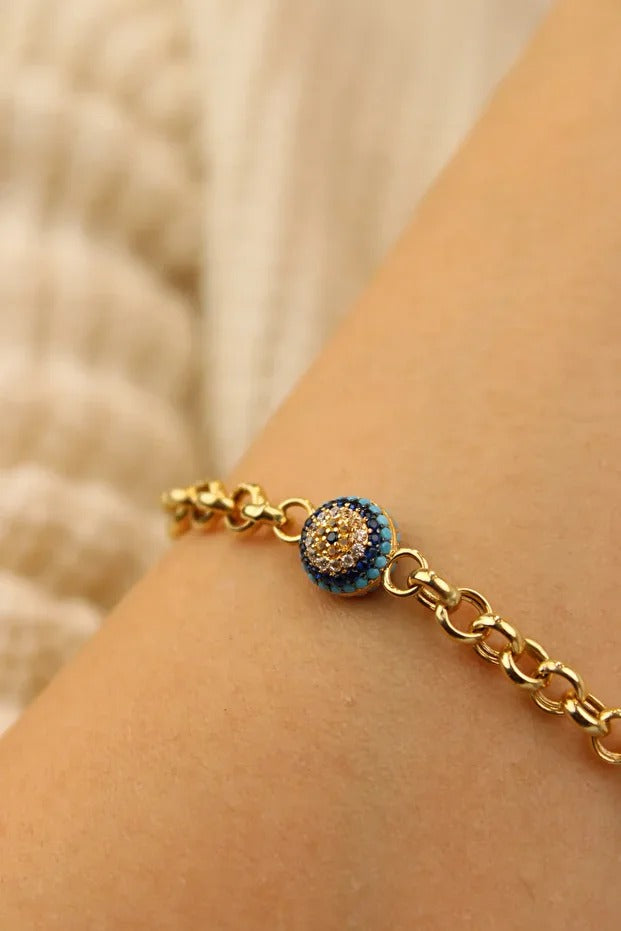 Evil Eye Beaded Doch Gold Bracelet 14 Carat Gold Bracelet 20 cm