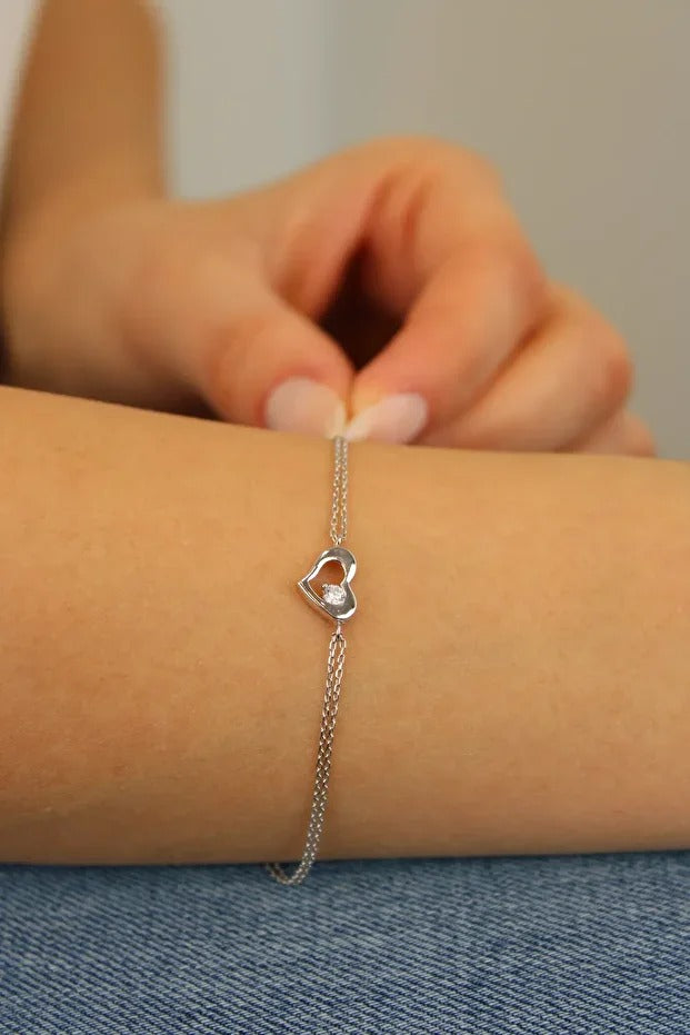 14 Carat Gold Heart Detailed Double Chain Bracelet