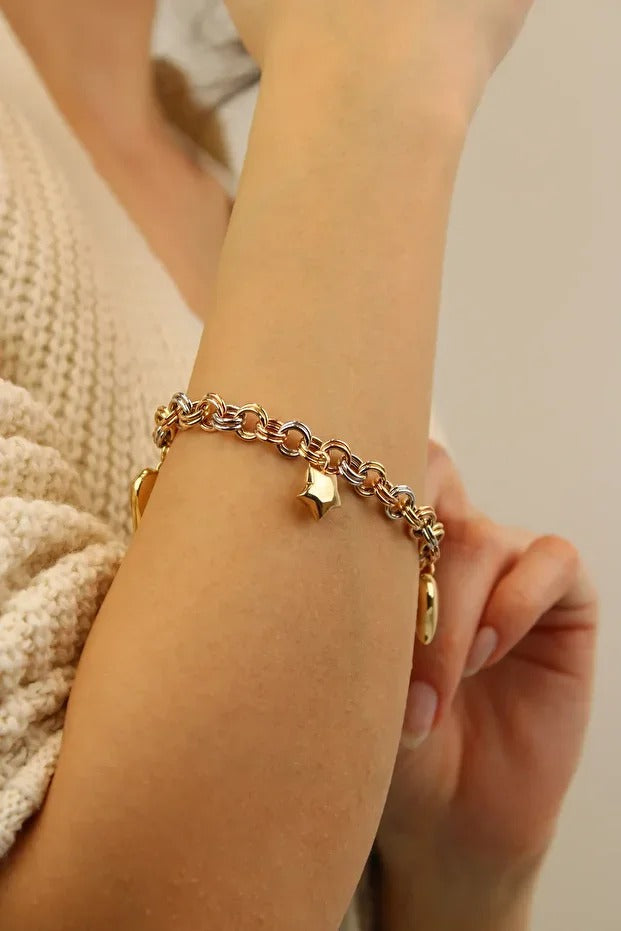 3 Renk Doch Şans Bilekliği 14 Ayar Altın Bileklik 19 Cm