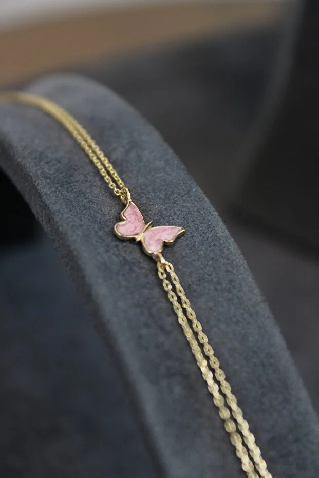 14 Carat Gold Pink Enamel Butterfly Bracelet