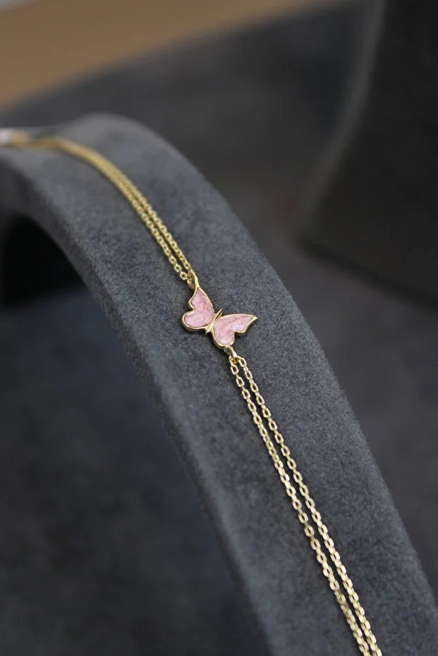 14 Carat Gold Pink Enamel Butterfly Bracelet