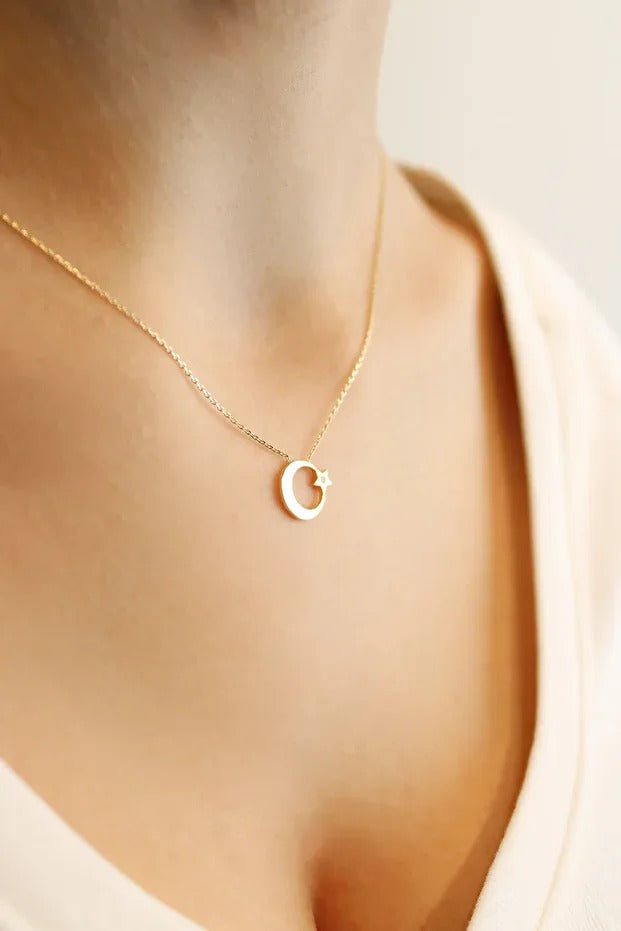 14 Carat Gold Crescent Star Minimal Necklace