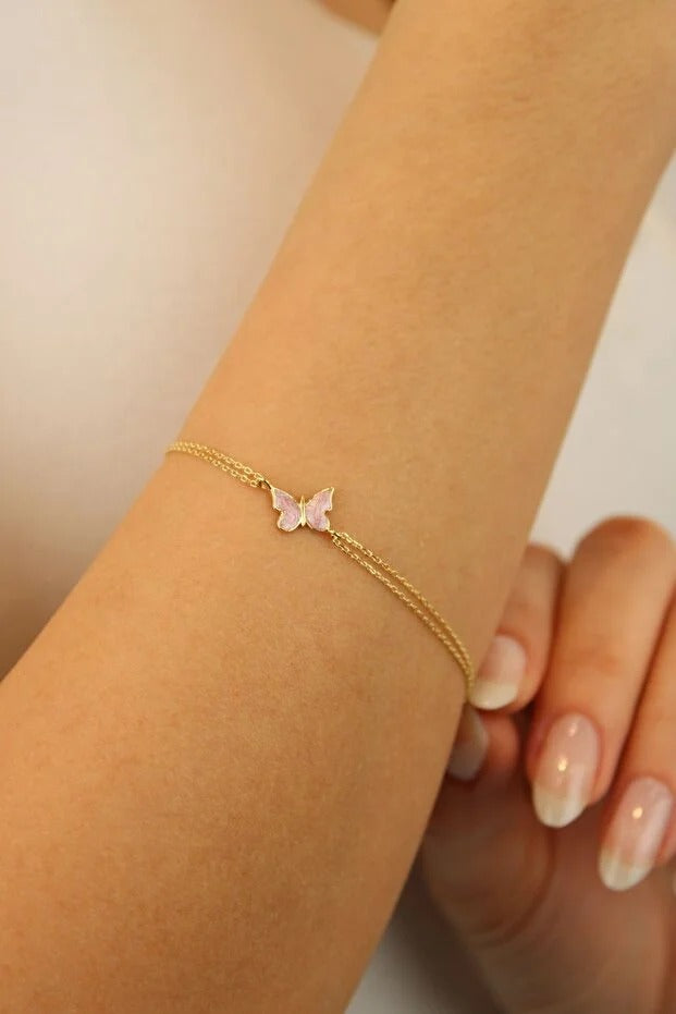 14 Carat Gold Pink Enamel Butterfly Bracelet