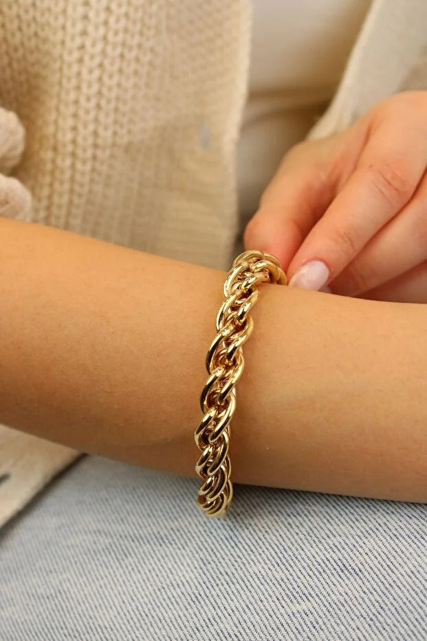 Knit Detailed Hallow Bracelet 14 Carat Gold Bracelet 22 cm 20.35 grams