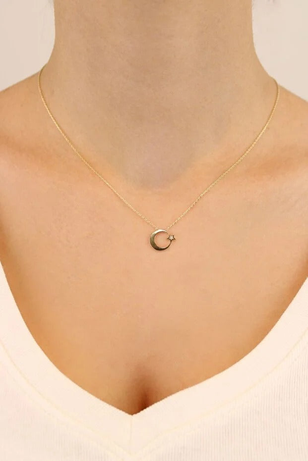 14 Carat Gold Crescent Star Minimal Necklace