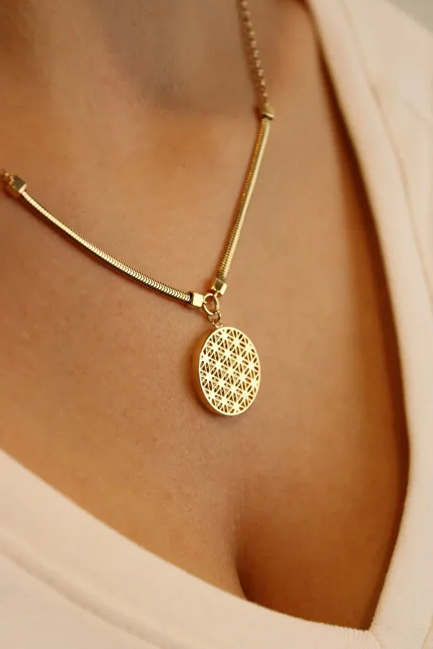 14 Carat Gold Flower of Life Necklace Herringbone Chain