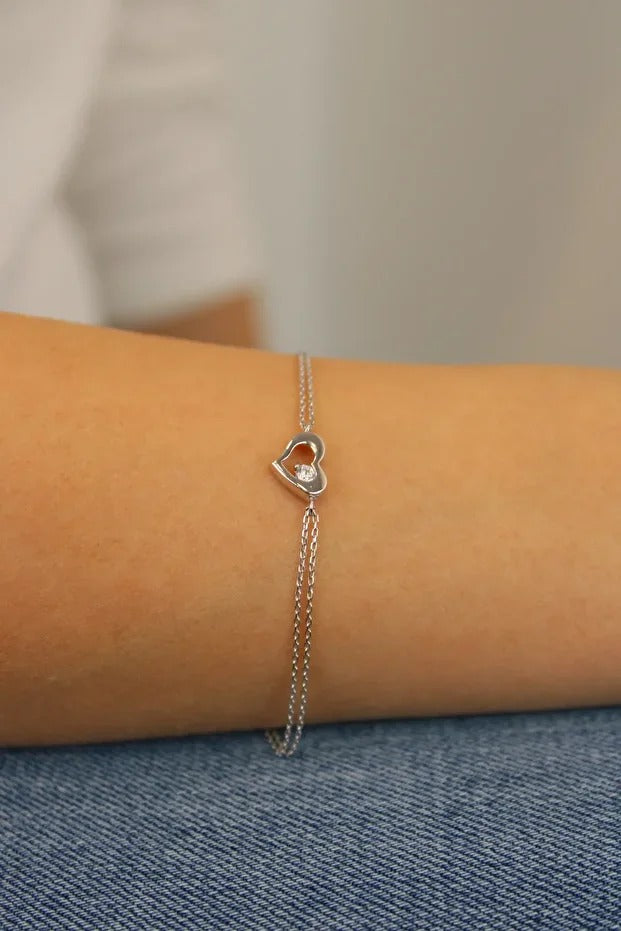 14 Carat Gold Heart Detailed Double Chain Bracelet