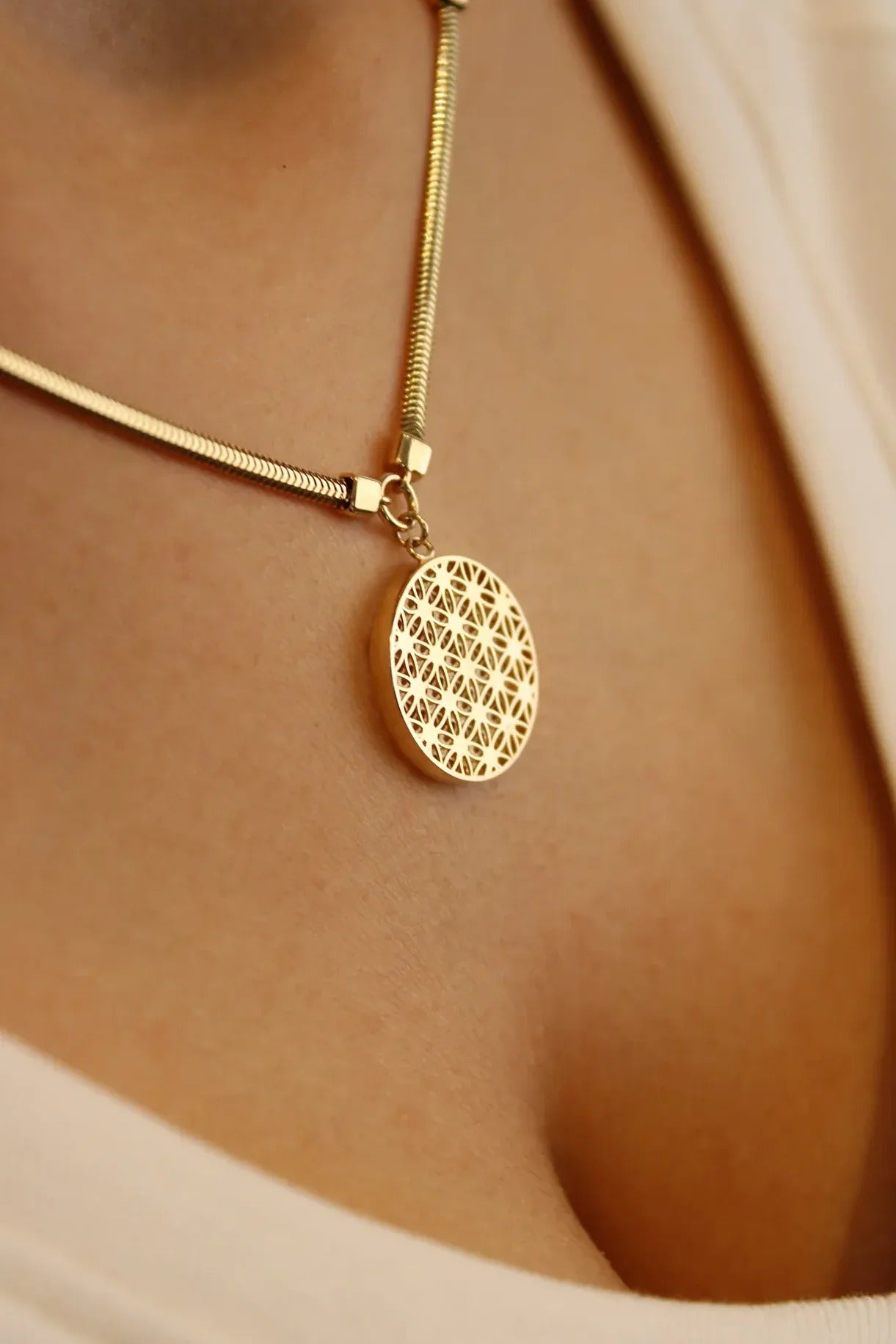 14 Carat Gold Flower of Life Necklace Herringbone Chain