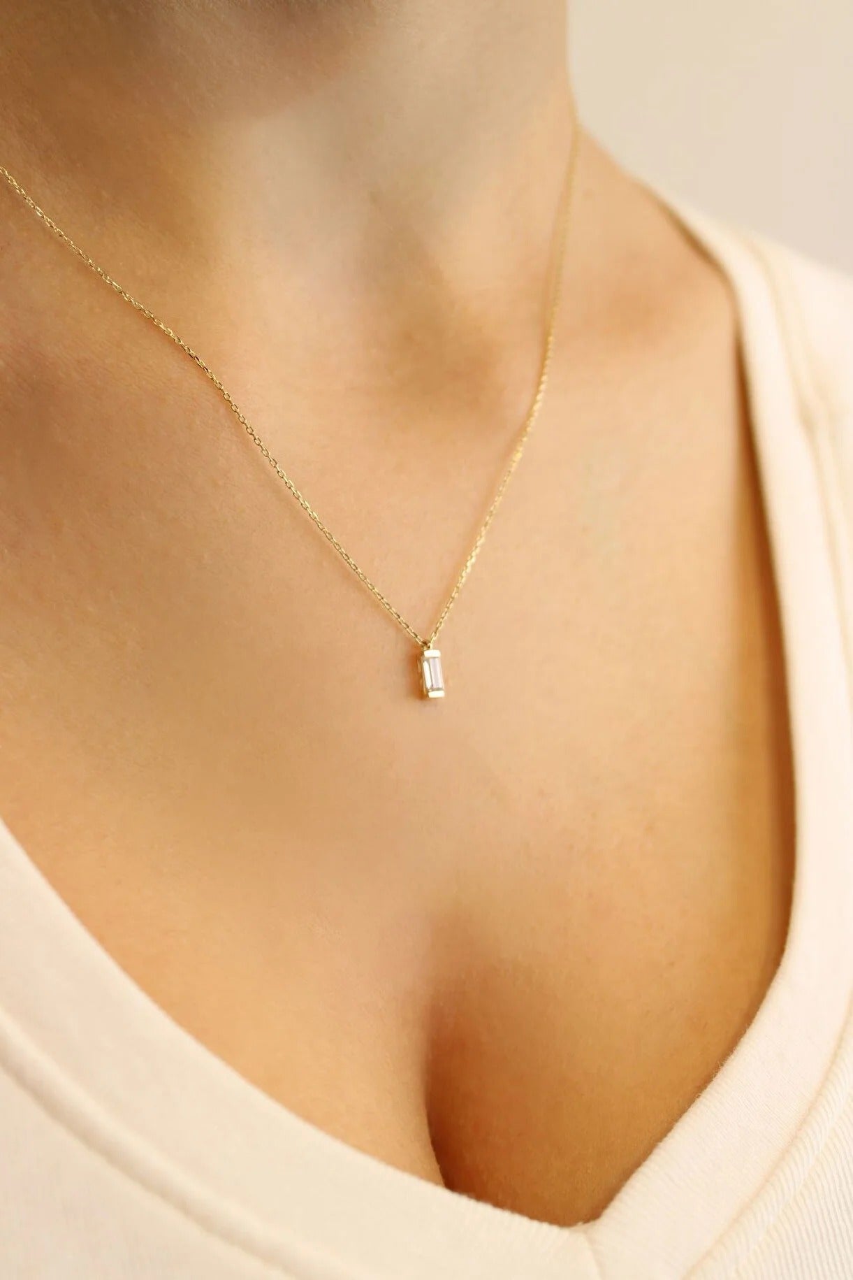 14 Carat Gold Baguette Cut Minimal Necklace