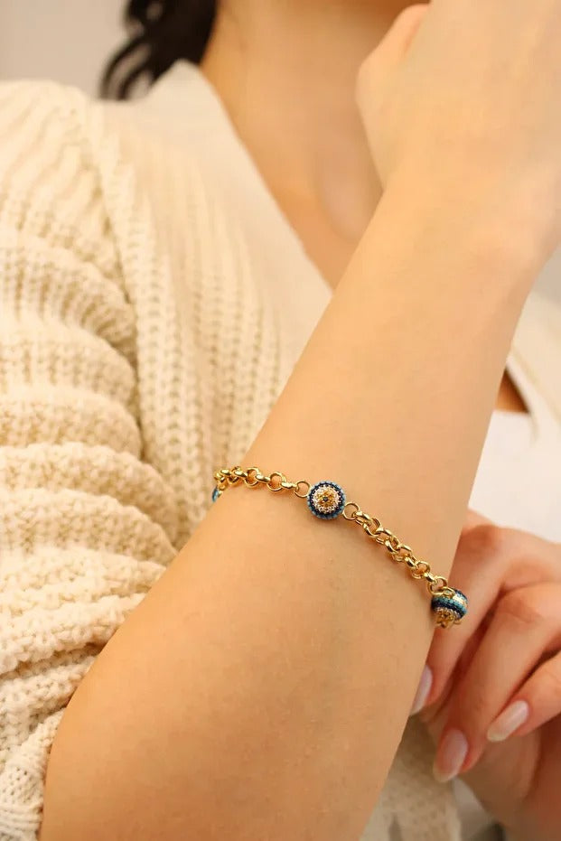Evil Eye Beaded Doch Gold Bracelet 14 Carat Gold Bracelet 20 cm