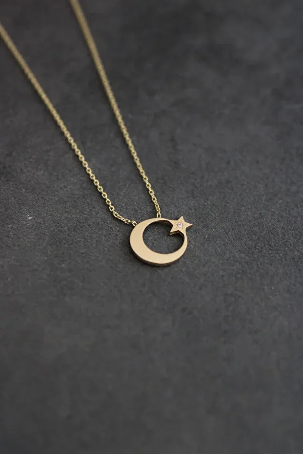 14 Carat Gold Crescent Star Minimal Necklace