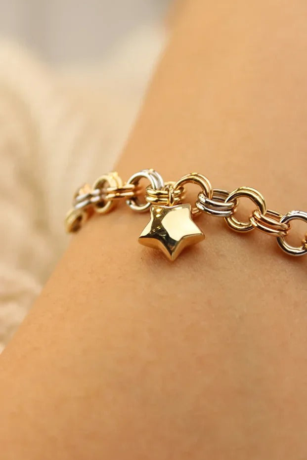 3 Renk Doch Şans Bilekliği 14 Ayar Altın Bileklik 19 Cm